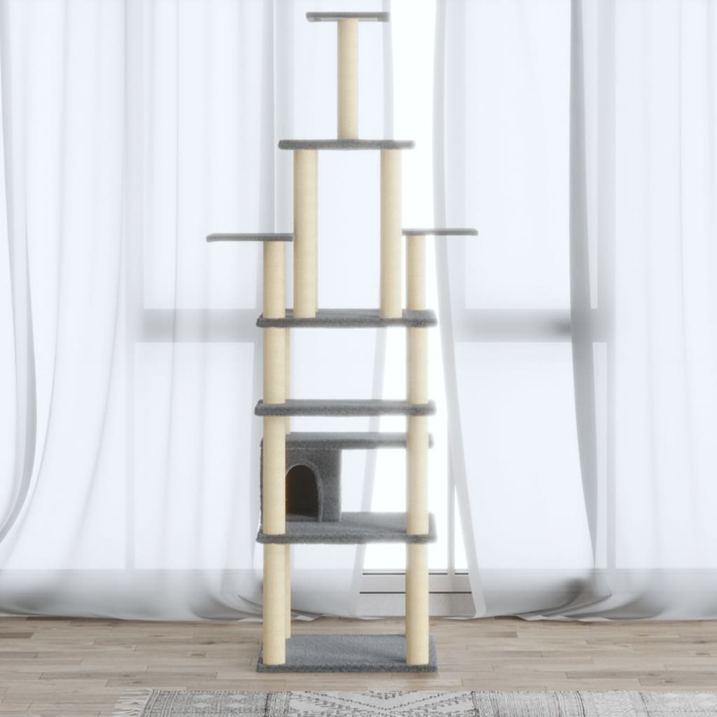 Világosszürke macskabútor szizál kaparófákkal 183 cm