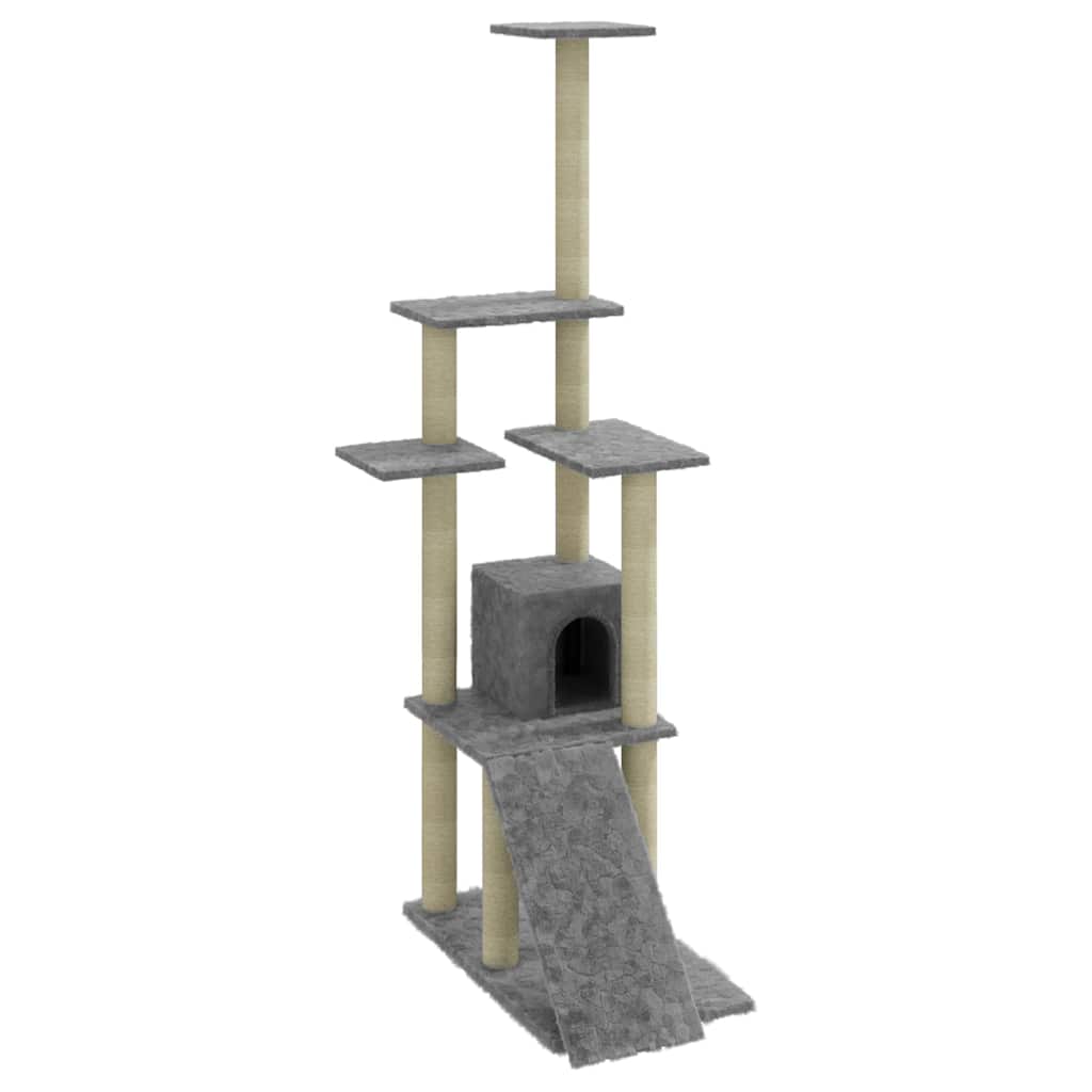 Világosszürke macskabútor szizál kaparófákkal 155 cm - Image 2