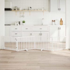 Fehér tömör fa 4 paneles összecsukható kutyakapu ajtóval 320 cm