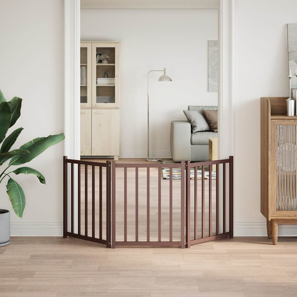 Barna tömör fenyőfa 3 paneles összecsukható kutyakapu 150 cm - Image 3