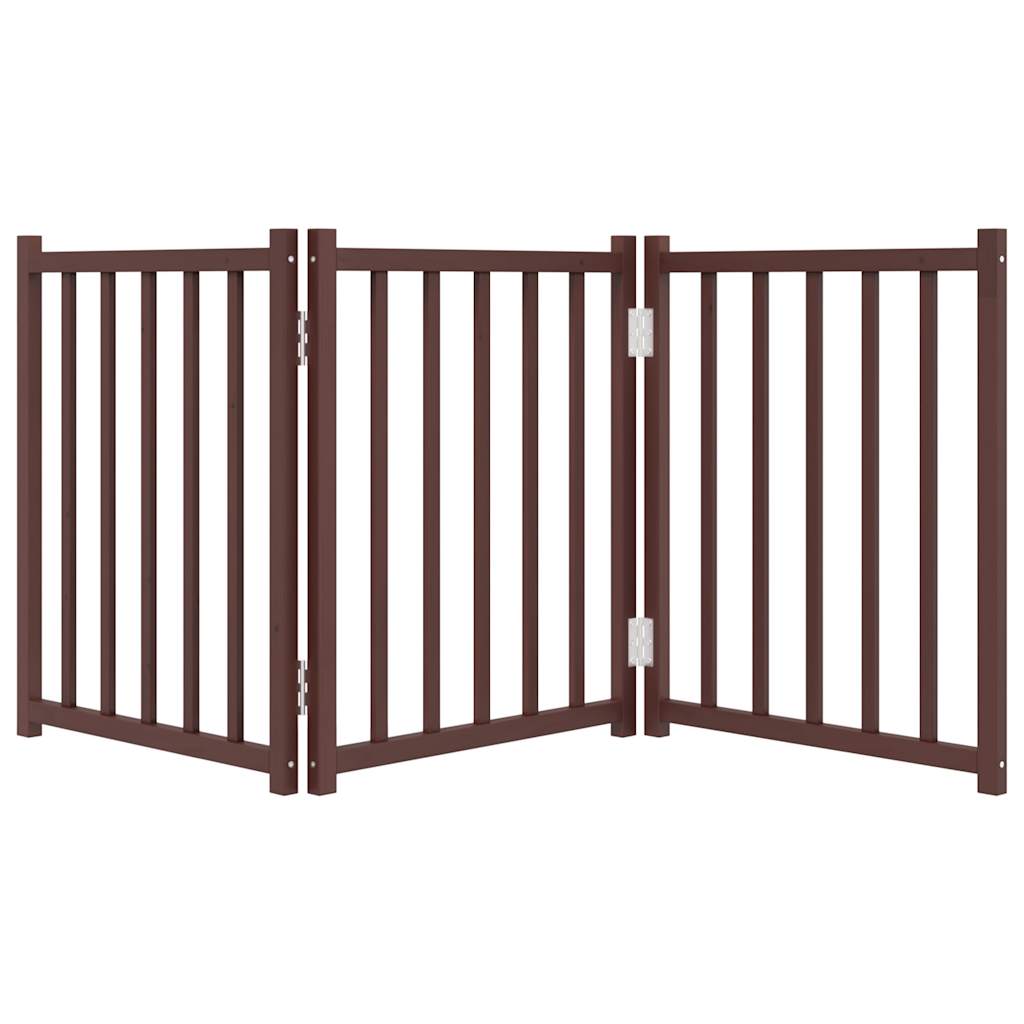 Barna tömör fenyőfa 3 paneles összecsukható kutyakapu 150 cm - Image 4