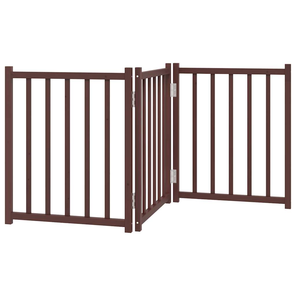 Barna tömör fenyőfa 3 paneles összecsukható kutyakapu 150 cm - Image 5