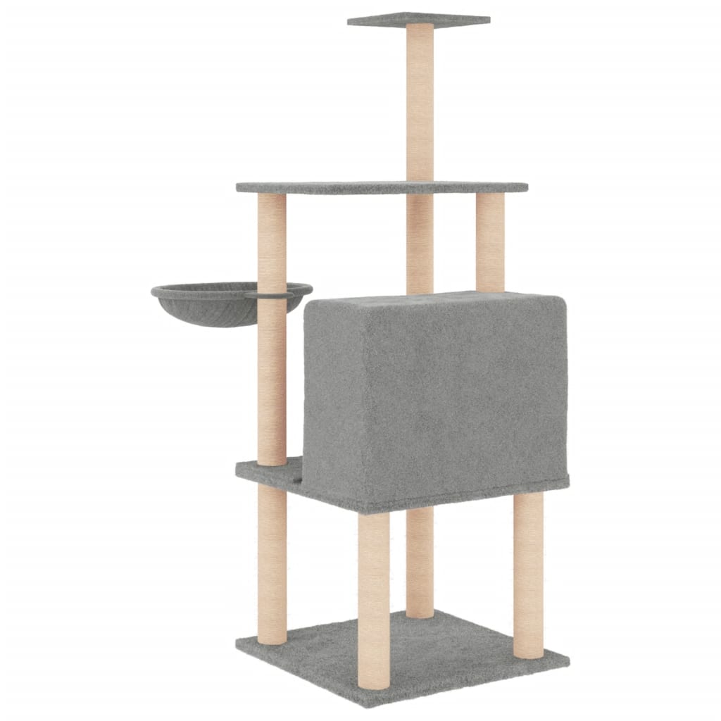 Világosszürke macskabútor szizál kaparófákkal 132 cm - Image 4
