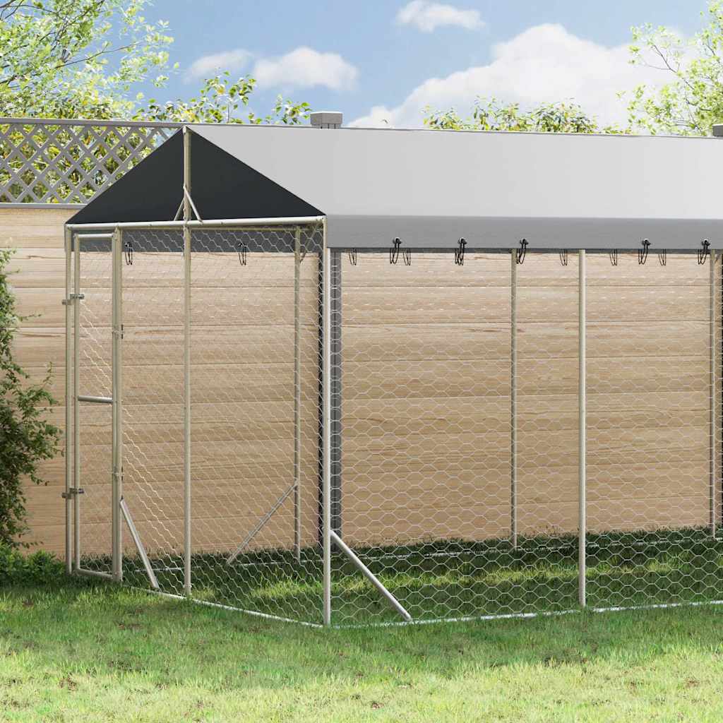 Ezüstszínű horganyzott acél kutyakennel tetővel 3x7,5x2,5 m
