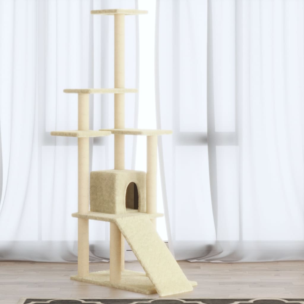 Krémszínű macskabútor szizál kaparófákkal 155 cm