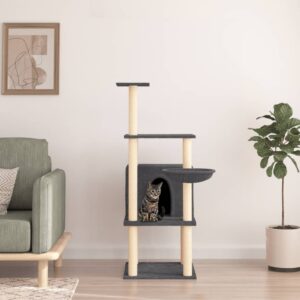 Sötétszürke macskabútor szizál kaparófákkal 132 cm