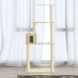 Krémszínű macskabútor szizál kaparófákkal 147 cm