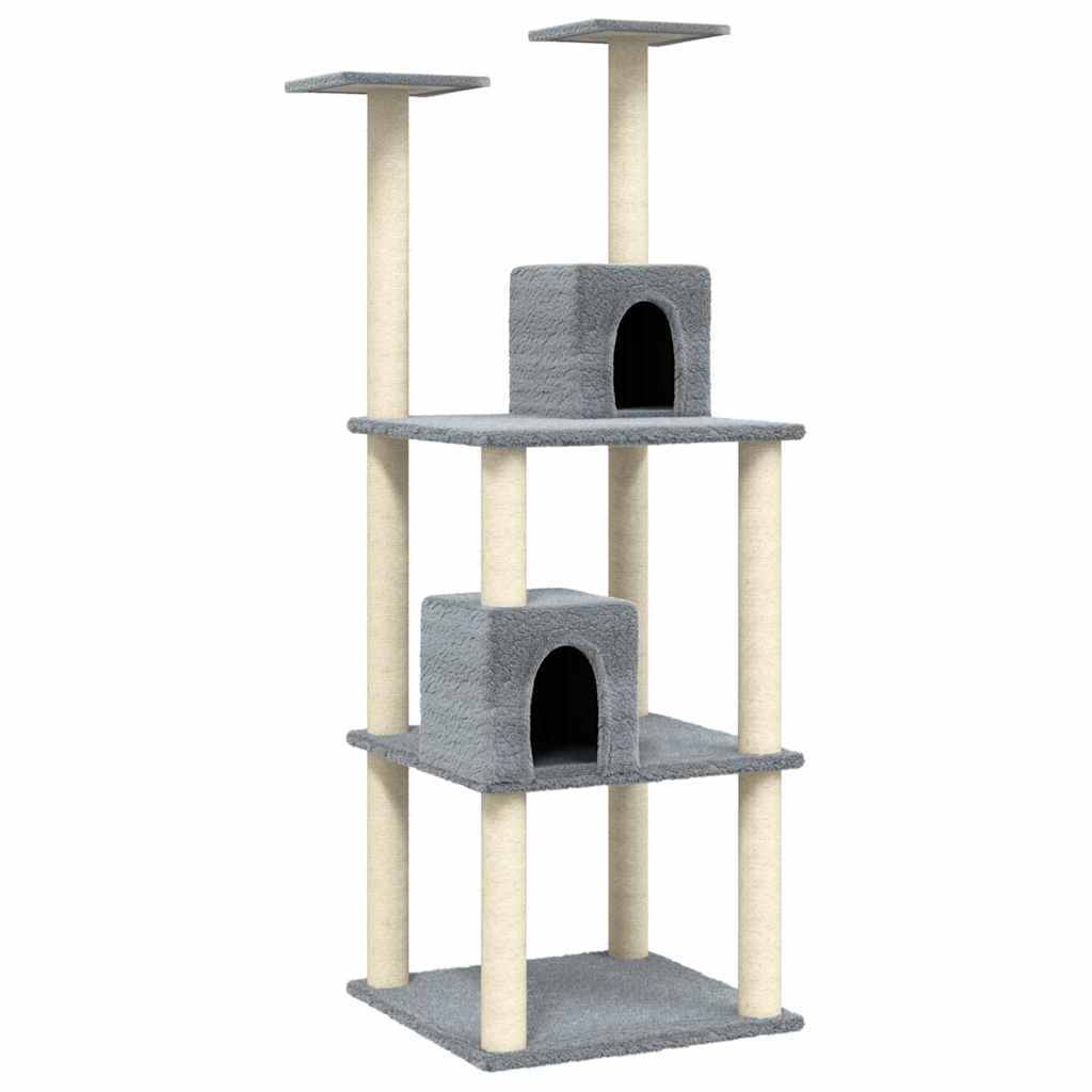 Világosszürke macskabútor szizál kaparófákkal 141 cm - Image 2