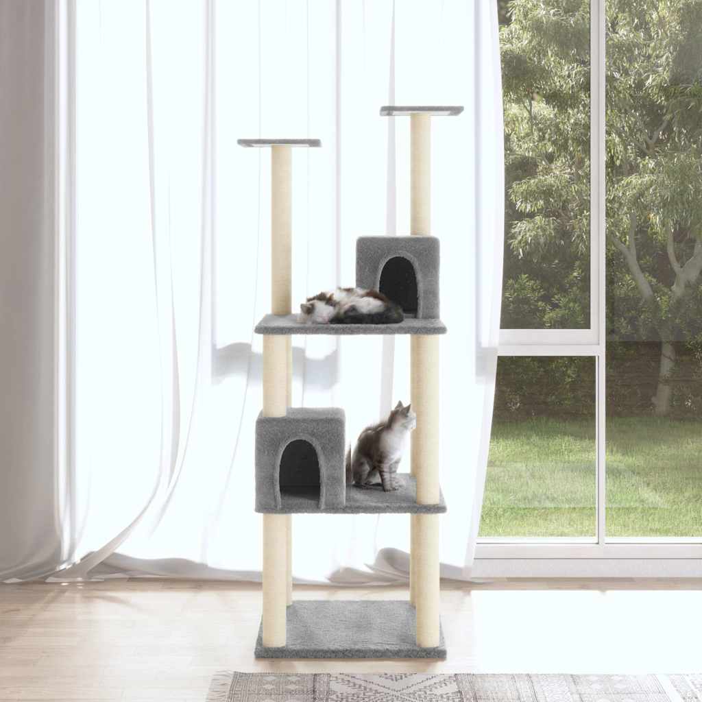 Világosszürke macskabútor szizál kaparófákkal 141 cm